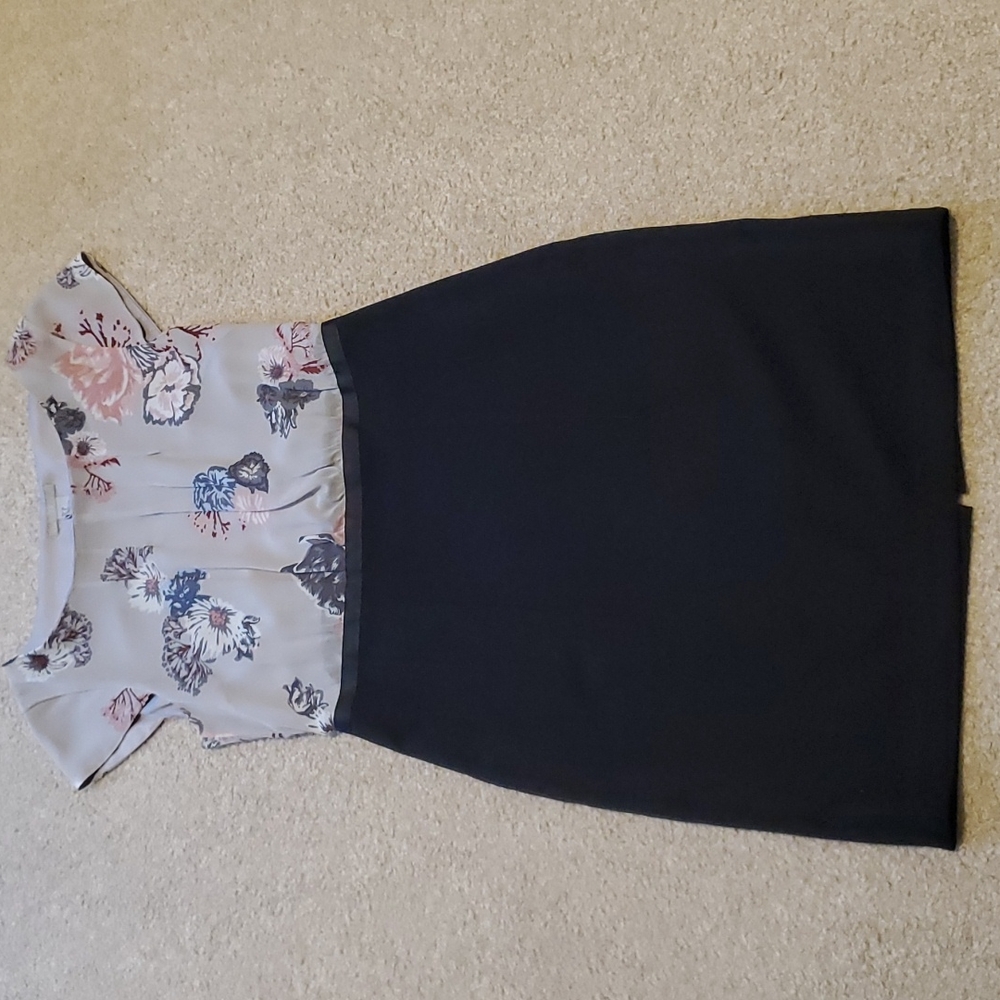 H&M, sleeveless dress, grey flower pattern with black skirt, size 8
